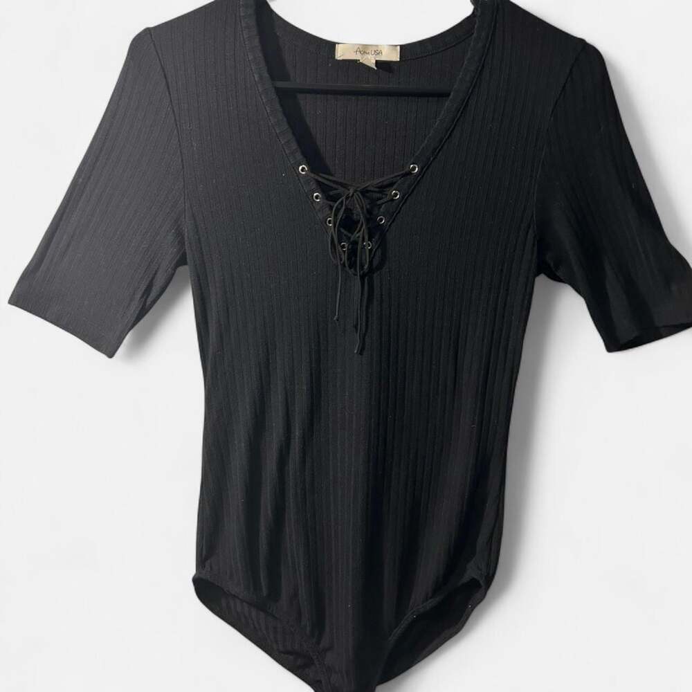 Active USA Black Ribbed Lace Up Bodysuit Size Medium